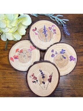 Wooden Coasters Set of 4, Housewarming gift, CottageCore, Elegant Floral